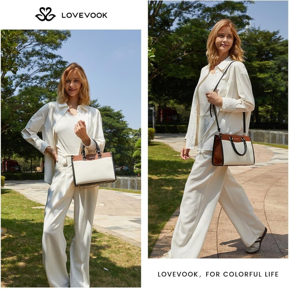 Women Black-White-Brown PU Leather Shoulder Satchel Top Handle Tote Bags - Picture 2 of 6